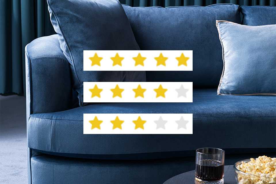 Blue upholstered furniture background with three rows of star ratings: five stars, four stars, and three stars for product reviews.