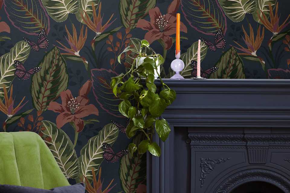 A collage showcasing two different types of wallpaper, one with a dark nature theme and the other with a star trellis pattern.