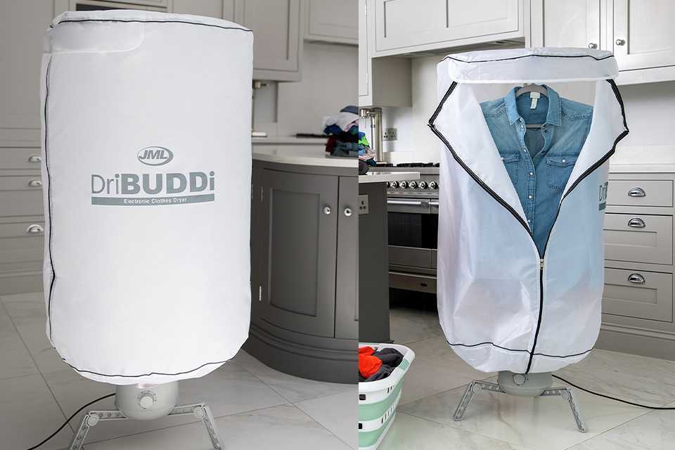 A split image of the outside and inside of a JML DriBUDDI Compact Heated Airer.