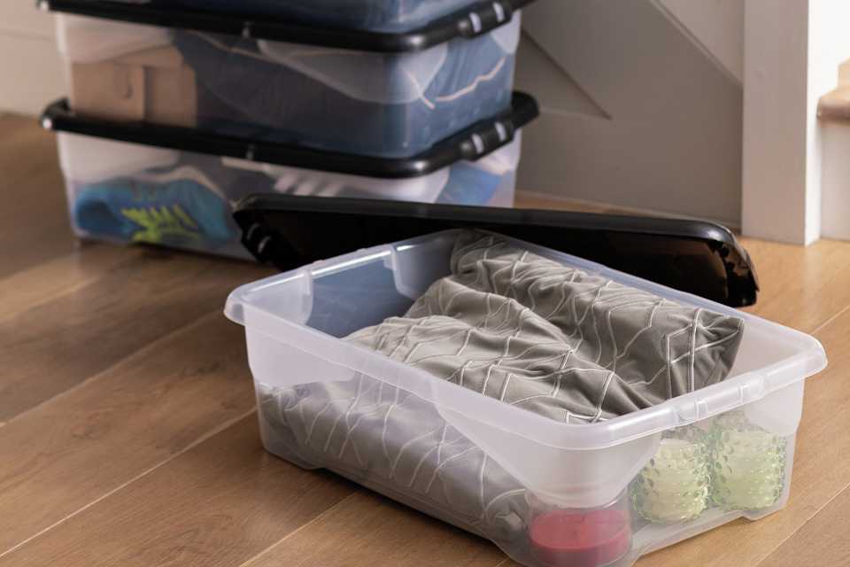 A split image of an Argos Home Set of 8 Drawer Organiser and Strata Curve 4 x 30L Plastic Storage Boxes with Lid.