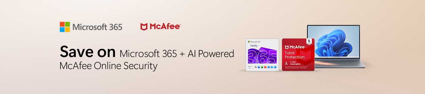 Microsoft 365. McAfee. Save on Microsoft 365 + AI powered McAfee online security.