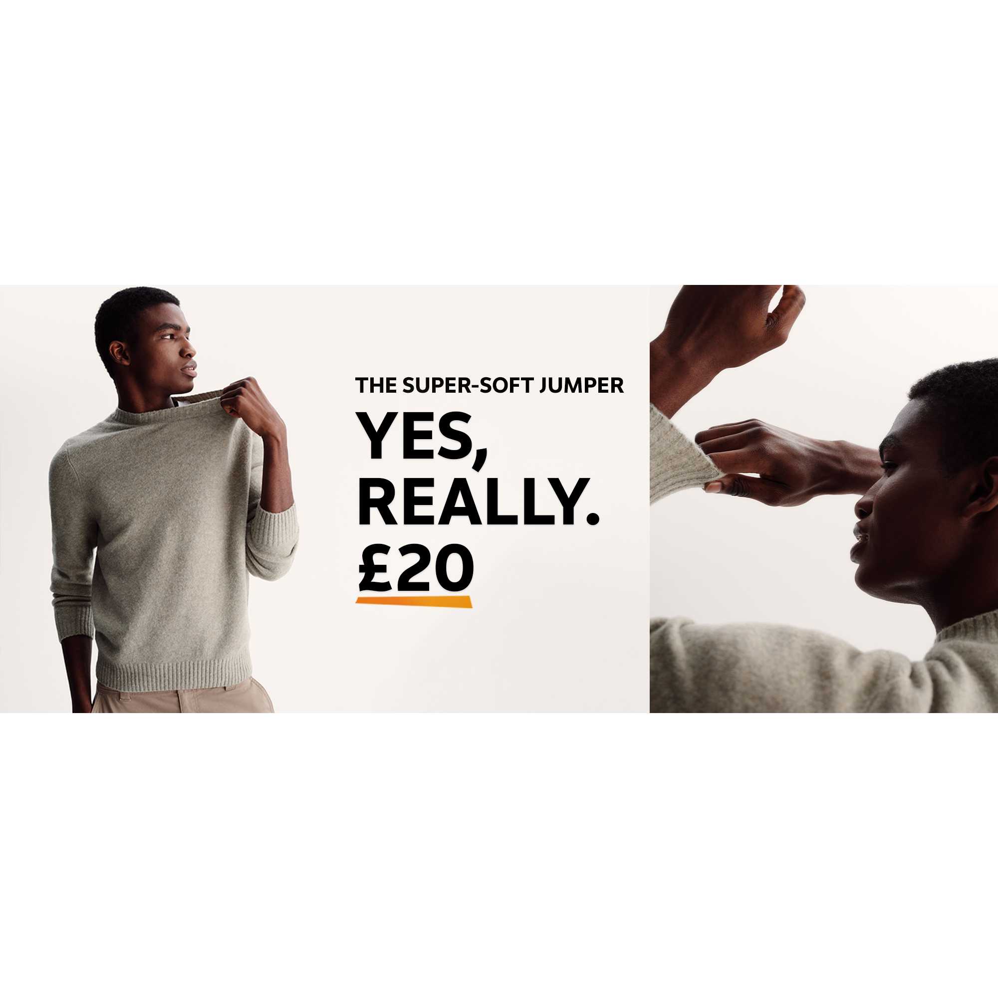 A man wearing a neutral super-soft jumper, and then a close up shot of the jumper.