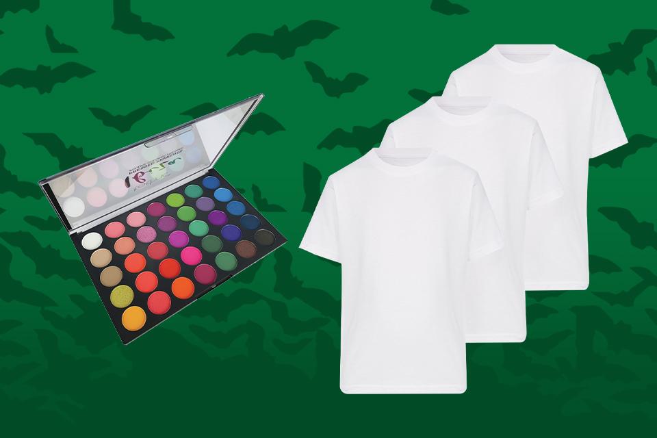 Various eyeshadows of different colours and three white t-shirts.