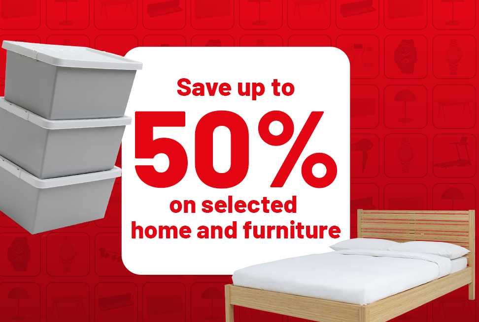 Save up to 50% on selected home and furniture. Includes furniture, storage, homewares, cookware and more.