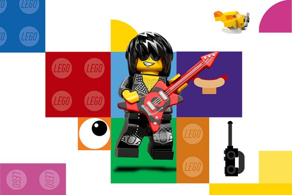 Rock'n'roll LEGO® mini figure with an electric guitar featured over a multi-coloured background.
