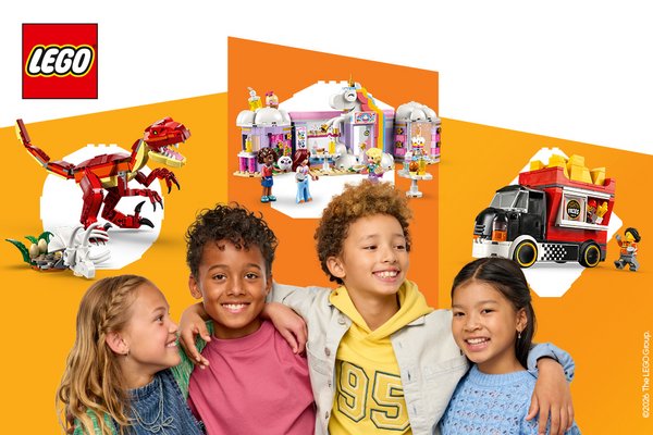Children on an orange background with 3 LEGO® sets highlighted above them.