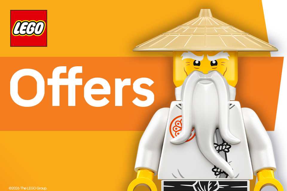 LEGO® minifigure of a man in traditional Japanese attire and bamboo hat the word 'offers' next to it.