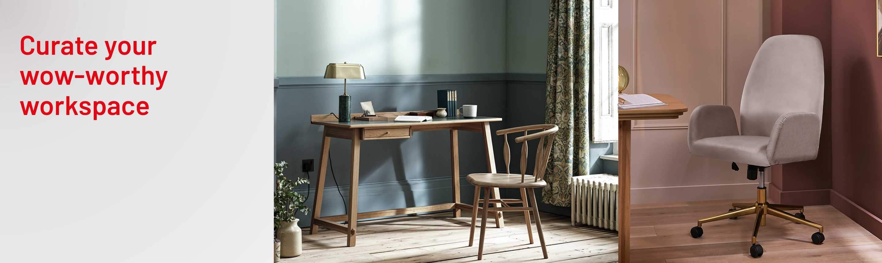 A spit image of Habitat x Morris & Co. Canterbury Oak Office Desk and Habitat Clarice Velvet Office Chair - Beige.