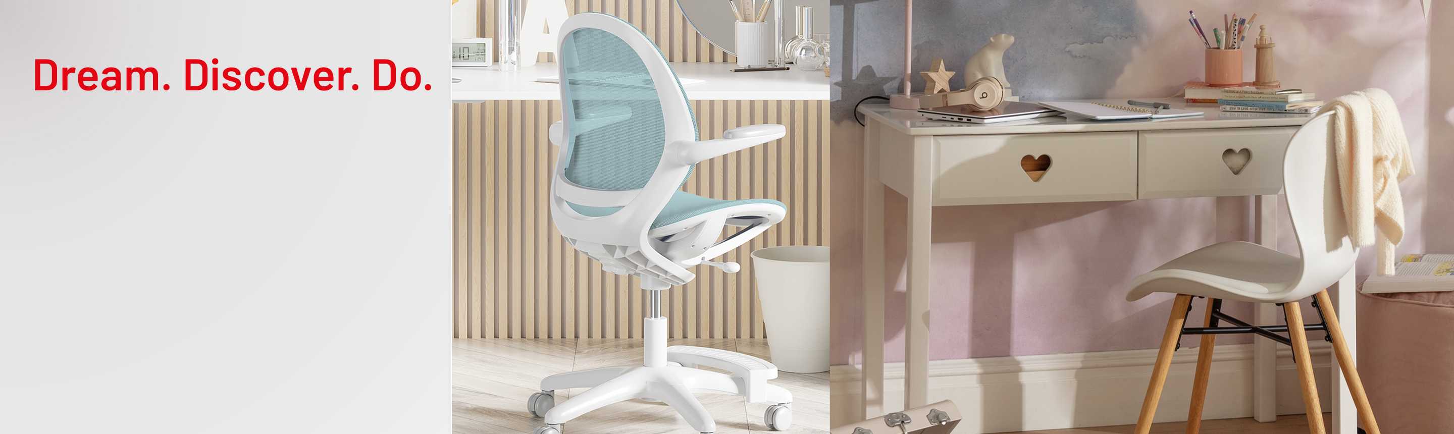 A split image of Habitat Mesh Kids Swivel Chair - Blue and Argos Home Kids Mia 2 Drawers Desk - White.