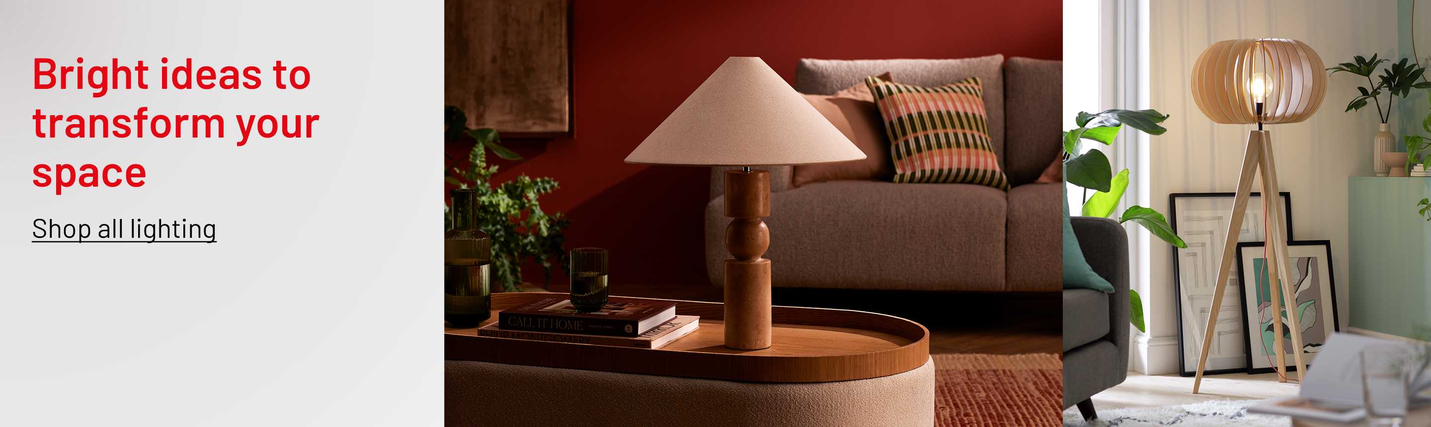 A table lamp on a coffee table and a floor lamp in a living room.