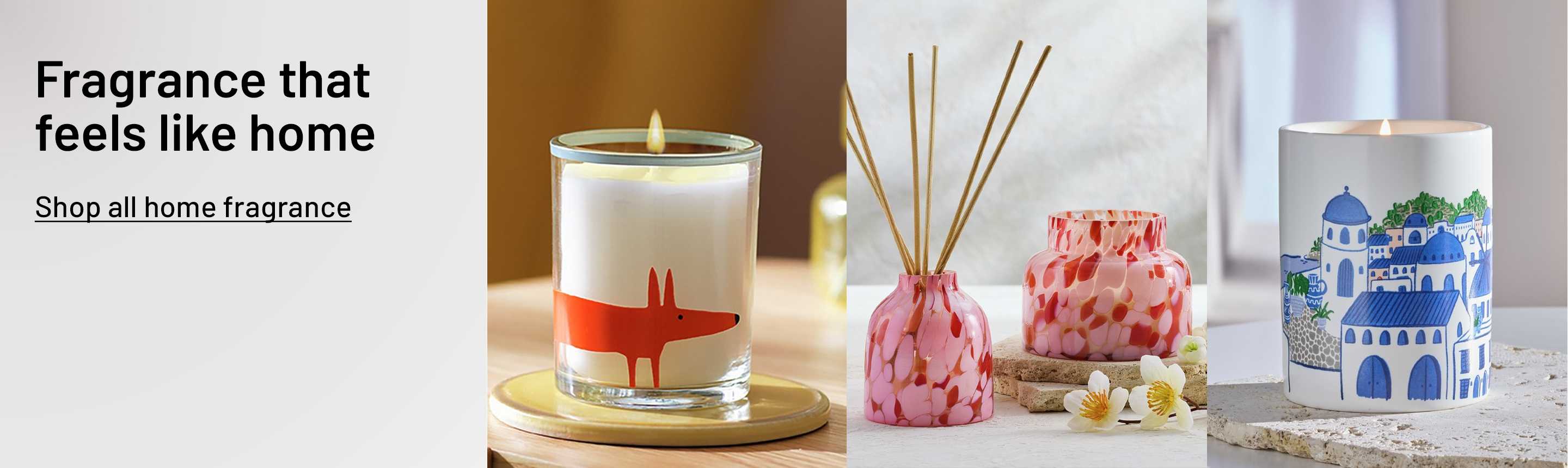 Habitat x Scion Mr Fox Glass Candle, Habitat Ceramic Candle, and Habitat Confetti Glass Reed Diffuser.