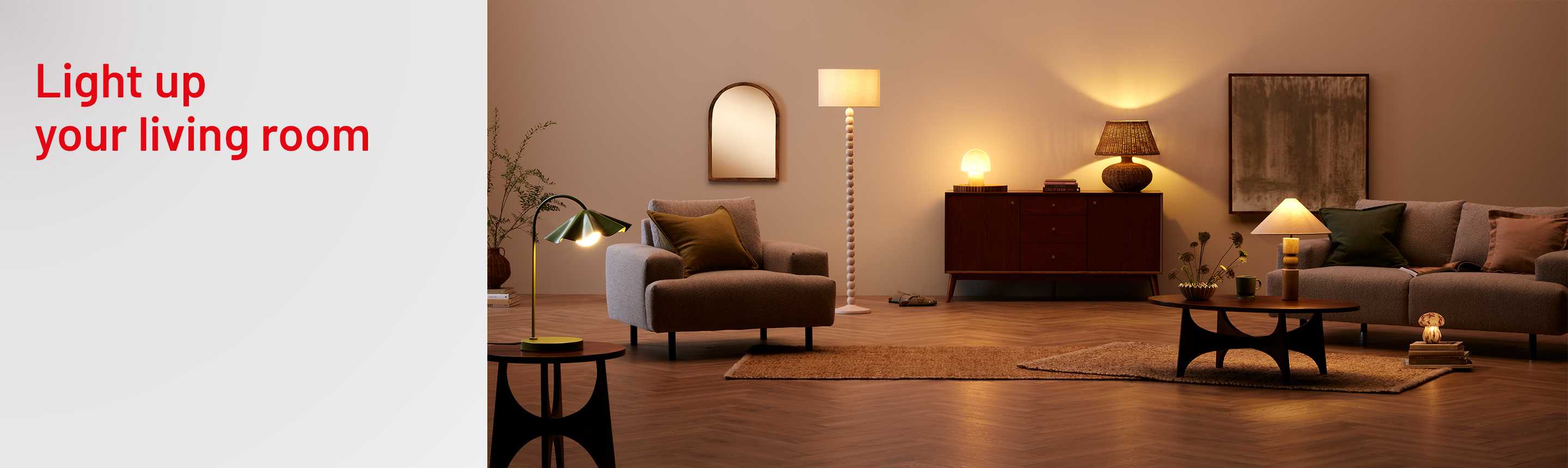 Floor lamp and table lamps creating a warm and inviting environment in a room.