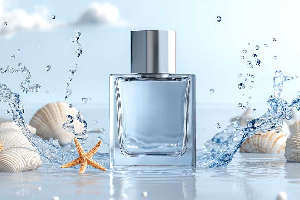 A room spray with marine, fresh fragrance surrounded by shells and water.