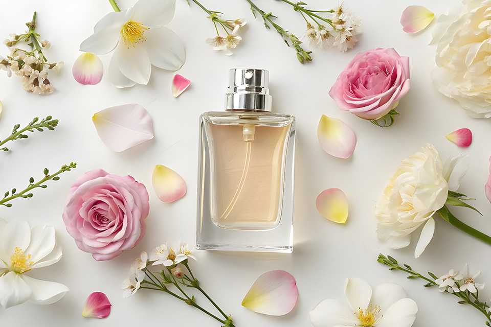 A room spray with floral fragrance surrounded by flowers.