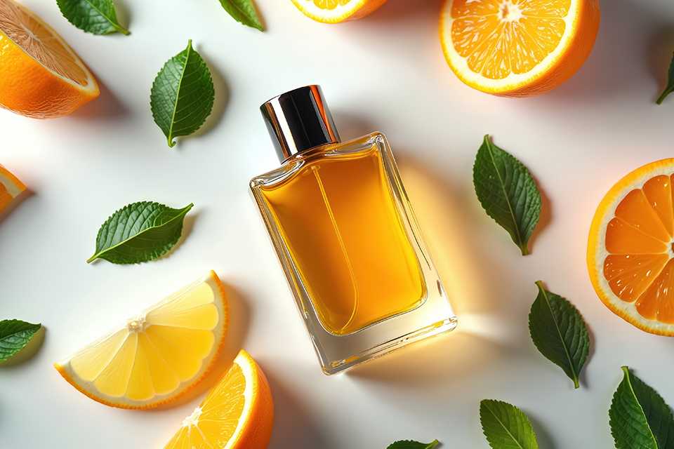 A room spray with fruity fragrance surrounded by oranges.