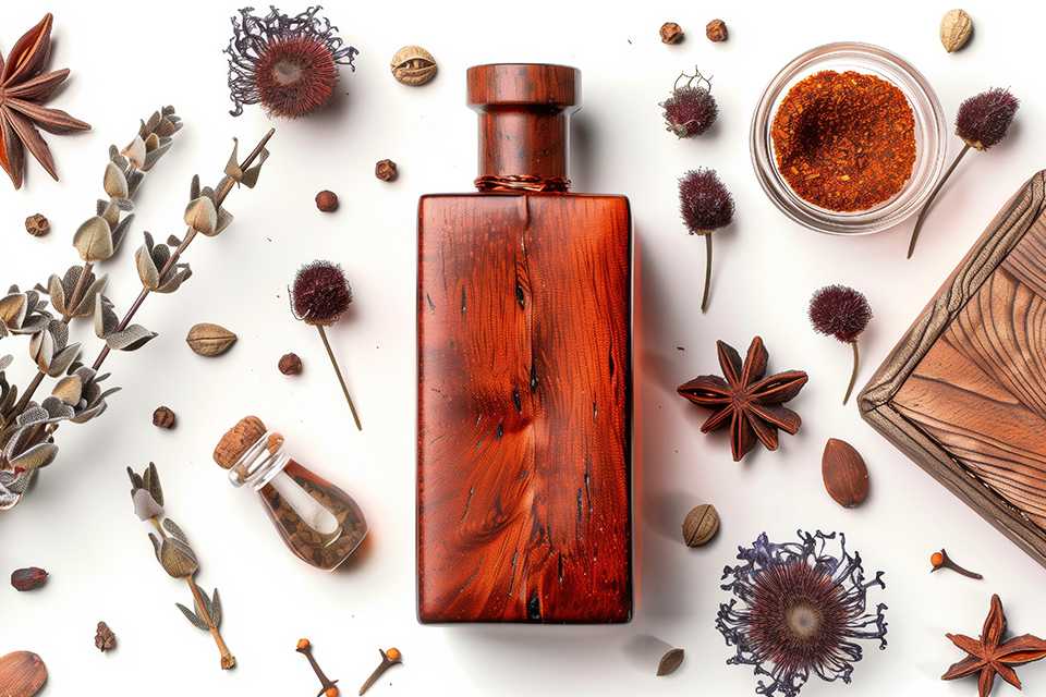 A room spray with woody fragrance surrounded by herbs.