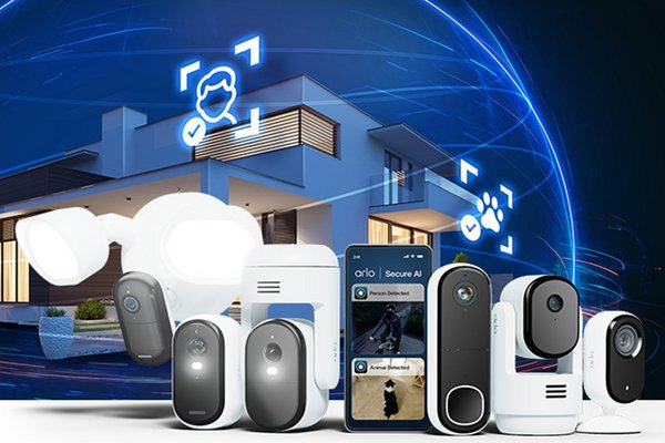 A graphic image showcasing all of Arlo's security products and and a protective circle around the house.
