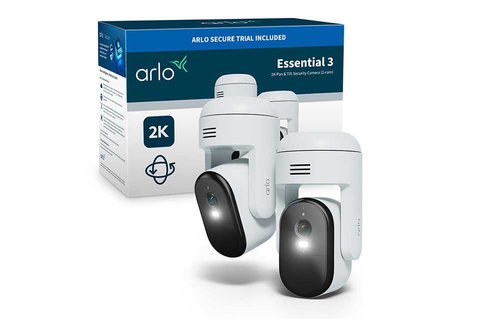Two white Arlo Essential 3 2K pan-tilt zoom security cameras shown against a white background.