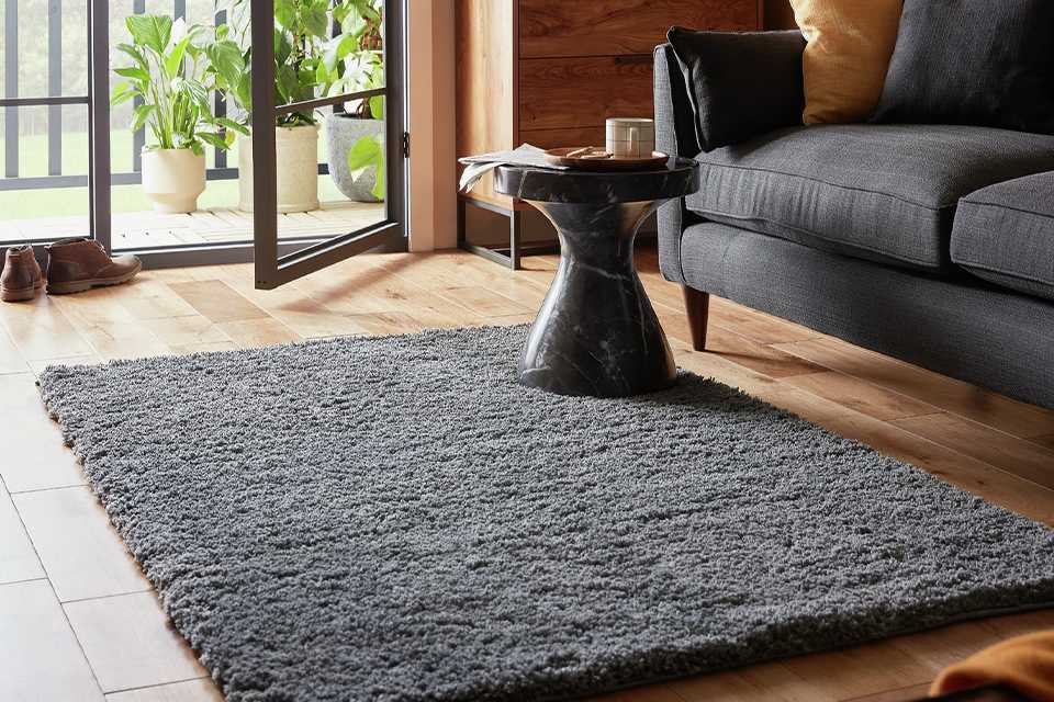 A grey rug in front of a sofa in a living room.