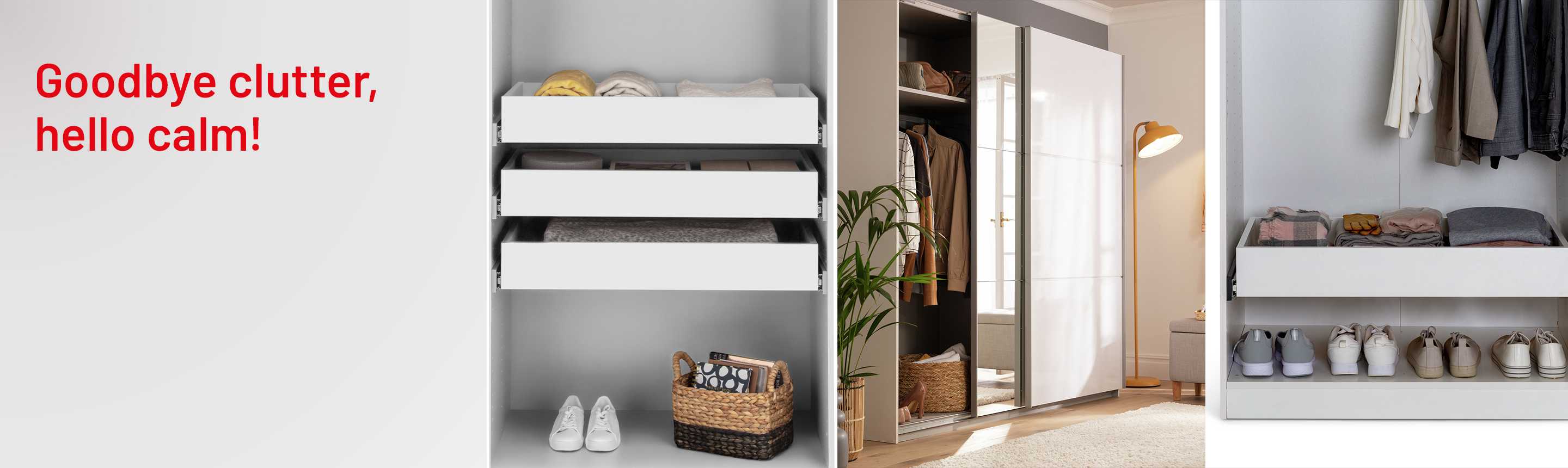 A split image of Habitat Munich Double White Internal Drawers, Habitat Holsted Mirror 200cm Sliding Wardrobe - White Gloss, Habitat Munich Double Internal Drawers.