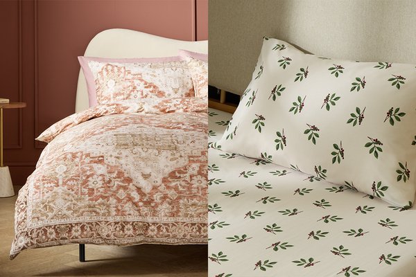 A collage featuring Habitat Vintage Rug Print Natural Bedding Set - Single and Argos Home Foliage Printed Standard Pillowcase Pair - Cream.