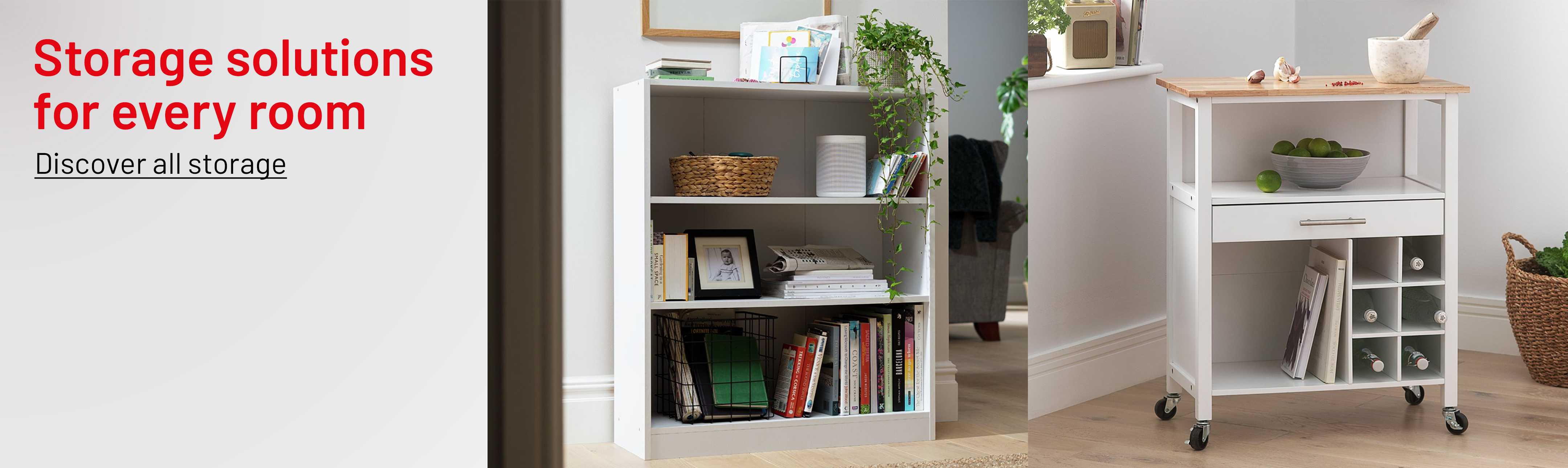 A collage of a storage basket, a kitchen trolley, and a bookshelf with text about storage solutions.