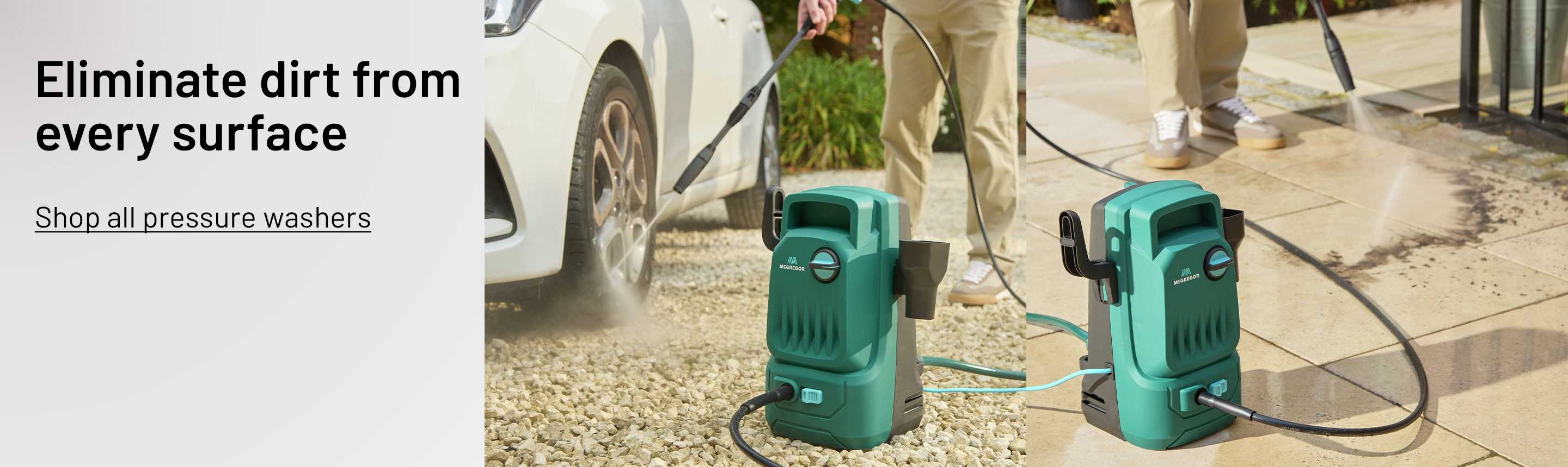 A banner showing a person using a McGregor compact pressure washer to wash a car and a patio.