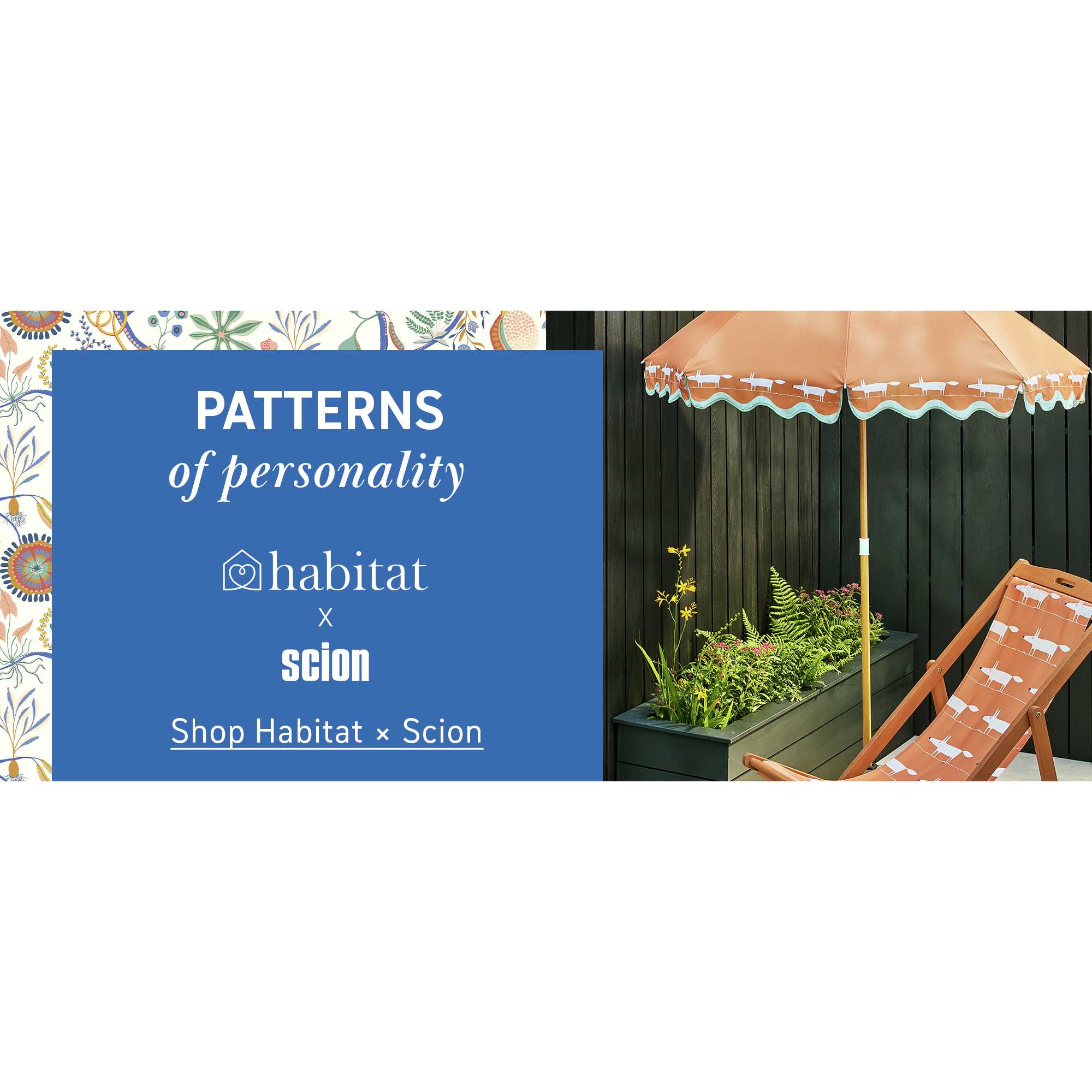 Orand scion x Habitat umbrella and deck chair with mr Fox print in white.
