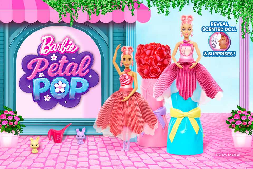 Two Barbies next to a shop called 'Petal Pop'.