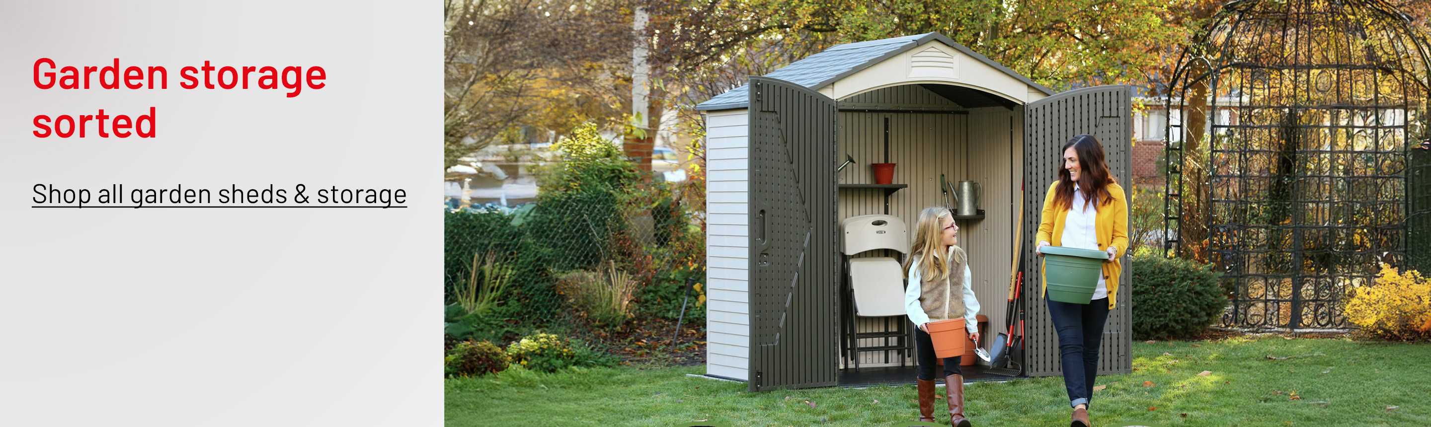 A split image of Lifetime Plastic Outdoor Storage Shed and Keter City 113L Outdoor Garden Storage Box - Grey.
