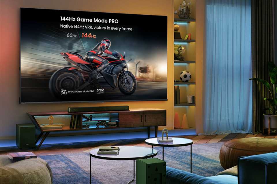 Hisense TV showing a gaming interface in a living room.