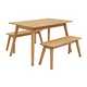 Wooden dining table with benches.