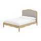 Wooden double bed frame with grey headboard.
