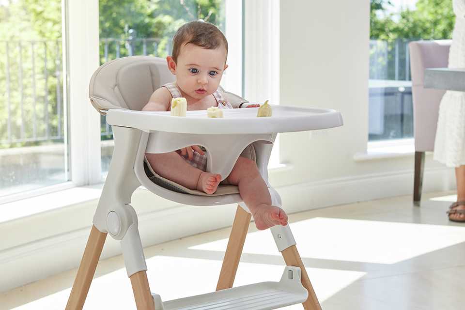 A baby sitting on the Baby Elegance Mash Highchair Bundle.