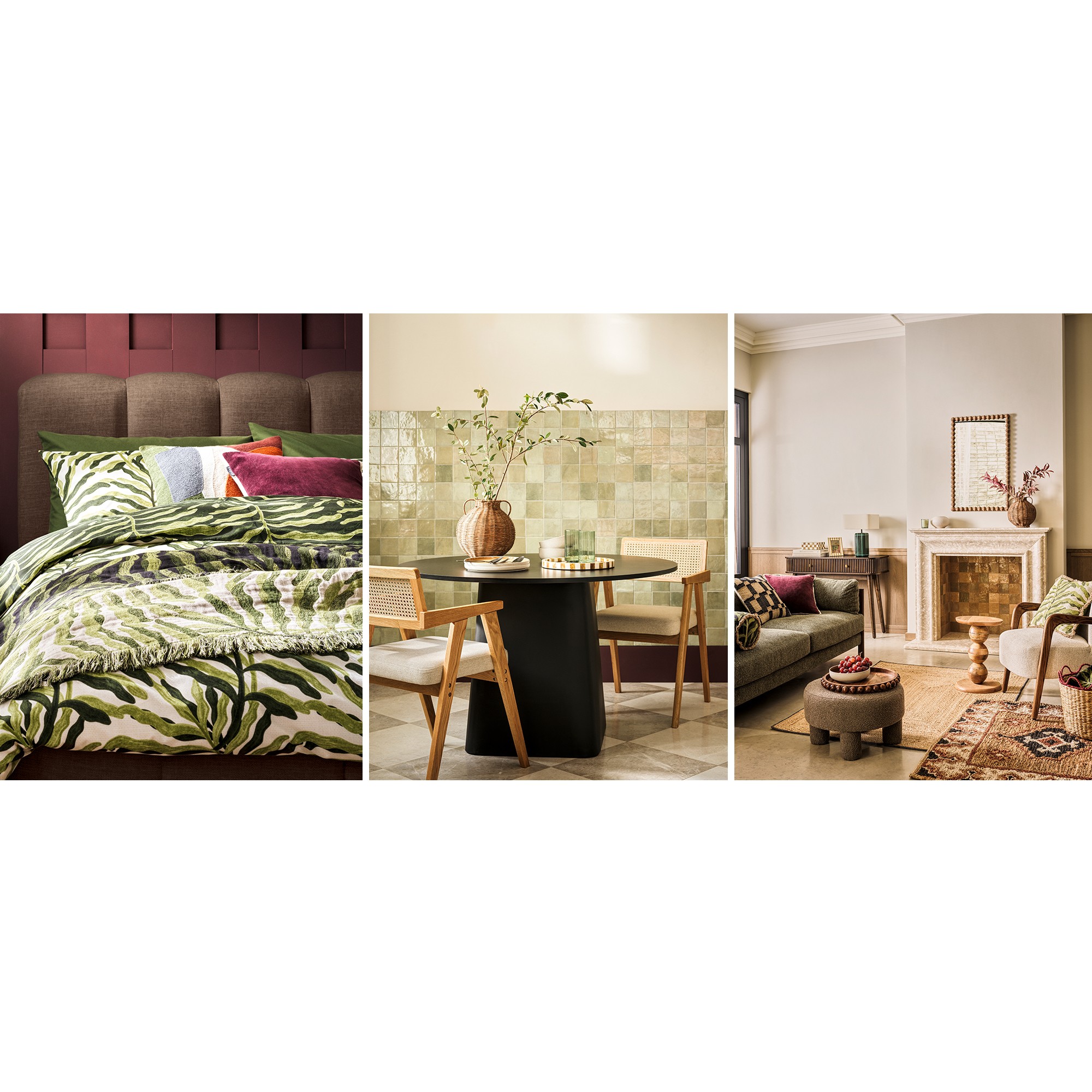 Verde luxe tred banner with a bedroom, living room and dining room with hues of greens tiles and neutrals throughout with wooden accent chairs and florals.