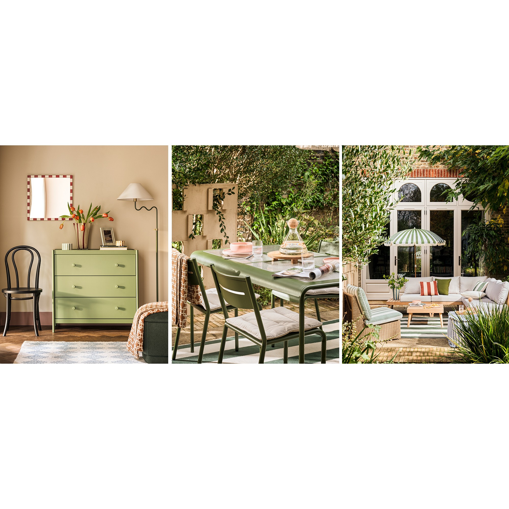 Banner showing an outside area with green outdoor accessories with green and white striped umbrella and insde area with green drawers and floor lamp with white shade.