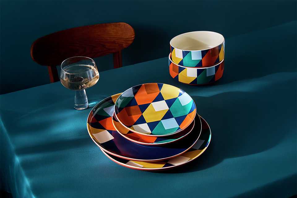 Habitat Geo Cube 12 Piece Stoneware Dinner Set - Blue.