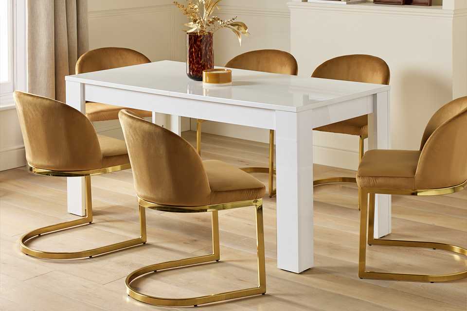 Argos Home Miami Extend White Dining Table & 6 Camel Chairs.