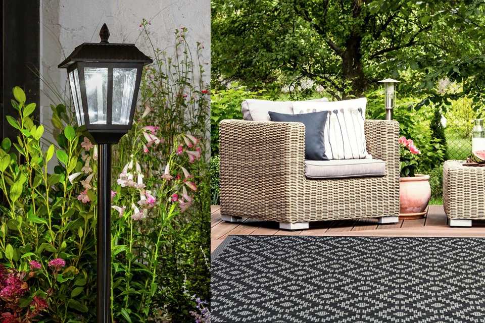 A split image showing a black Argos Home Metro Solar Lamp Post and a Homemaker Genesis Grey Indoor Outdoor Rug in a garden.