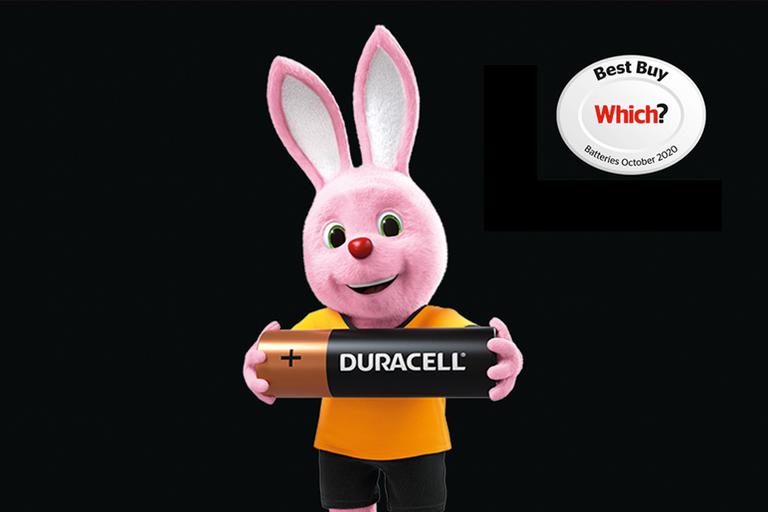 Duracell bunny holding Duracell battery.