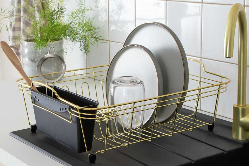 Habitat Large Wire Dish Drainer in brass finish.