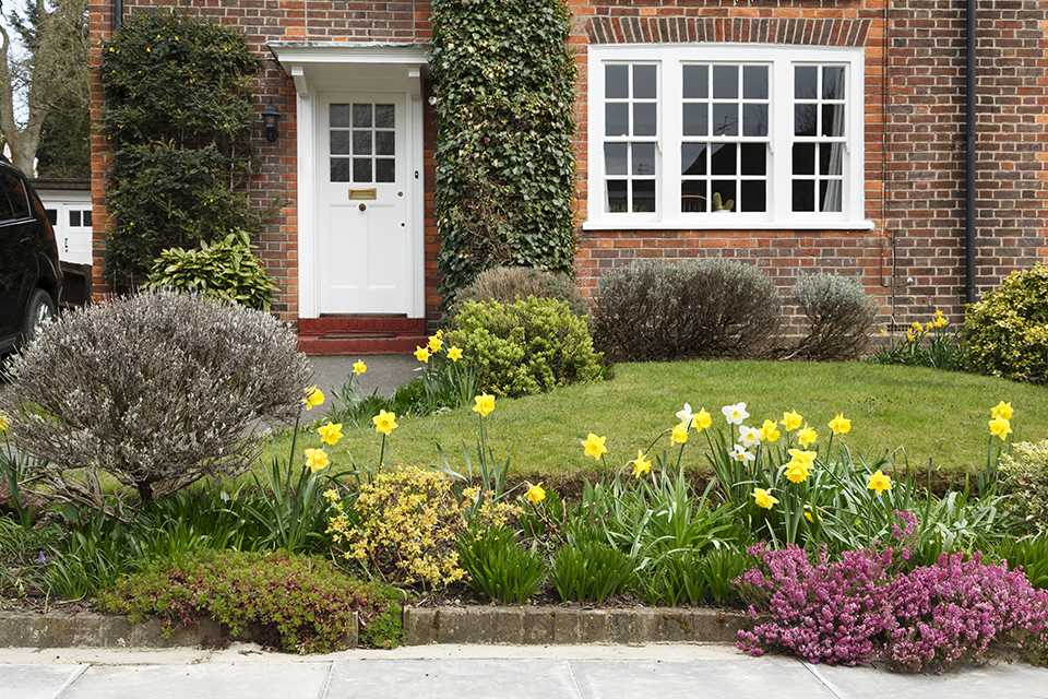 A stock image of a front garden with colourful flowers in London.