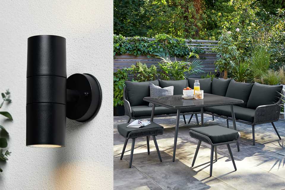 A split image of a black wall light and a Habitat Malta 6 Seater Garden Corner Sofa Set.