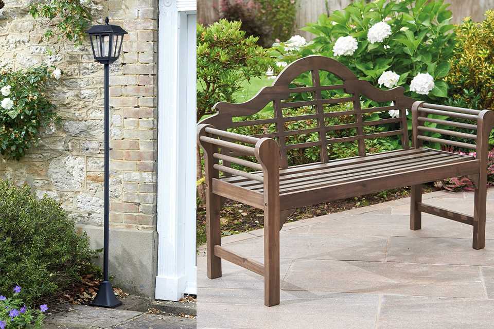 A split image of a solar powered lamp post and a wooden garden bench.