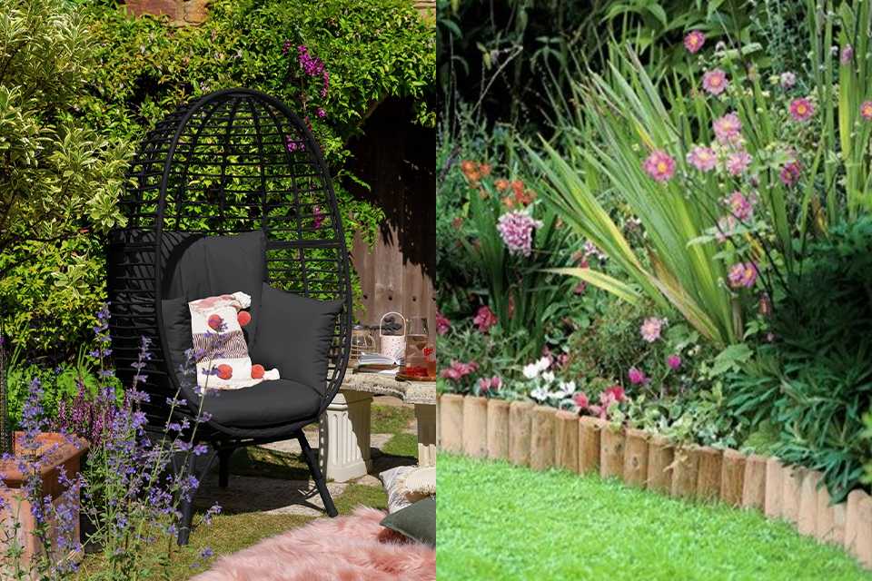 A split image of a black egg chair and lawn edging.