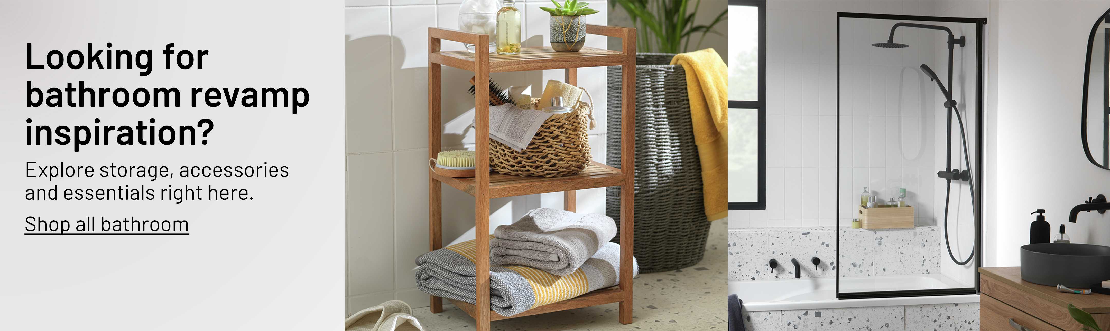 A collage featuring Habitat Mango Wood Bathroom Storage Shelf Unit - Natural and Argos Home 1375x755mm Fully Framed Shower Screen Black.