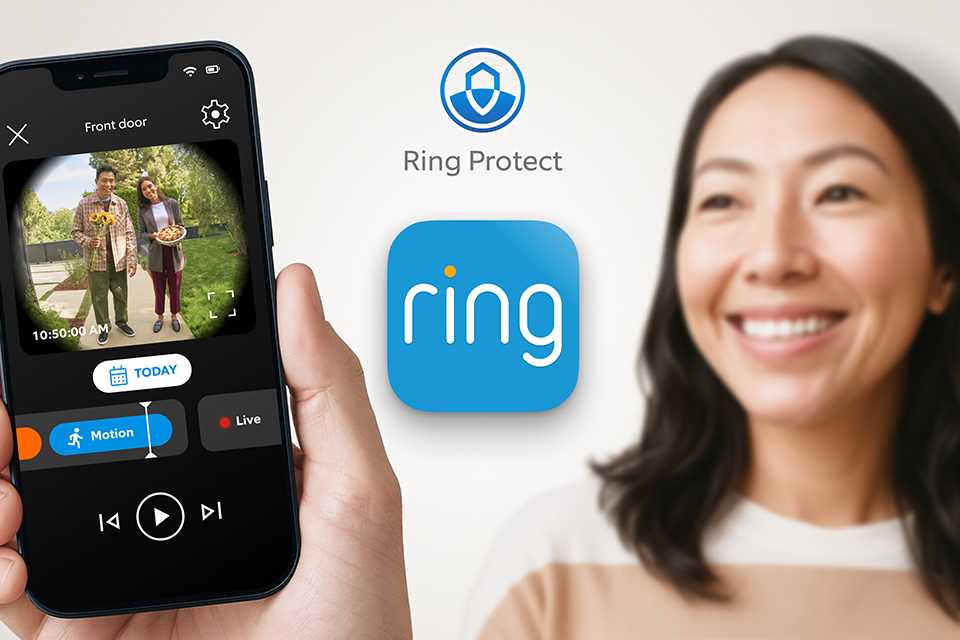 A woman holding a phone showing security camera footage and a blue Ring logo placed in the middle.