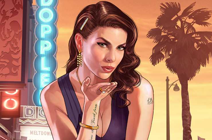Art work from GTA V featuring a female character with a city backdrop featuring buildings with neon signs, a palm try and an orange sunset sky