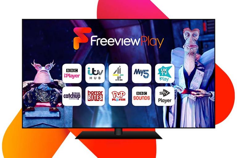 A television screen displaying the Freeview Play store with different apps and channels.