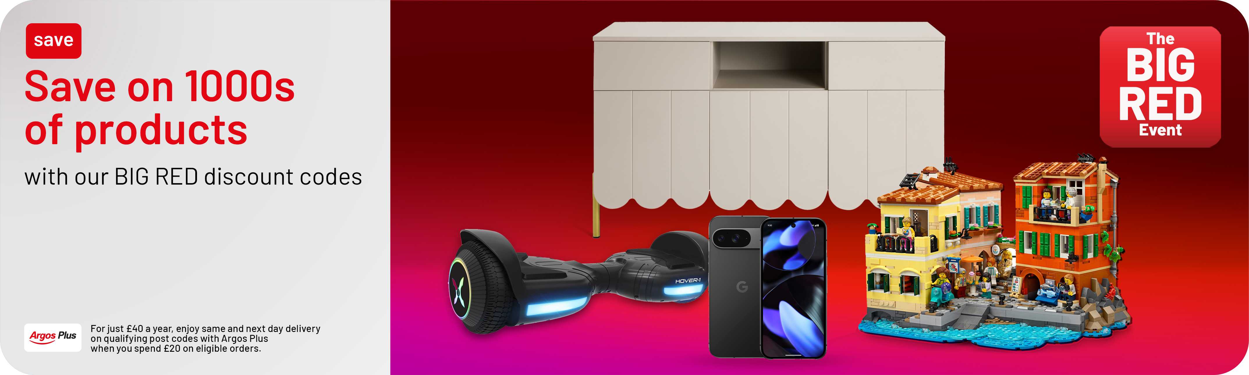 Save on 1000s of products with our big red discount codes. Argos plus. For just £40 a year, enjoy same and next day delivery on qualifying post codes with Argos Plus when you spend £20 on eligible orders.